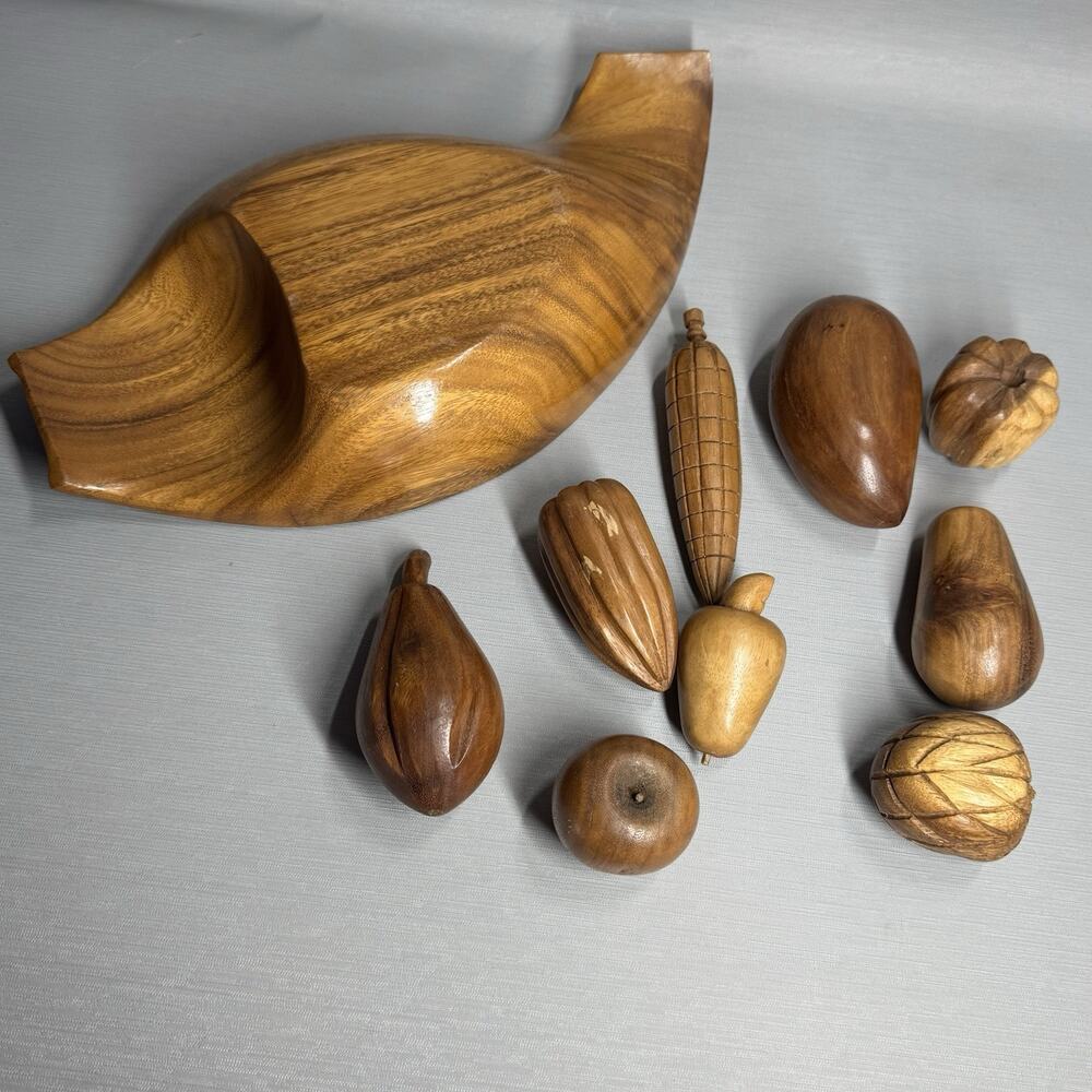Vintage Retro MCM Carved Bowl Wooden Vegetable Fruit 10 Piece Set Fall Cottage - Picture 8 of 16